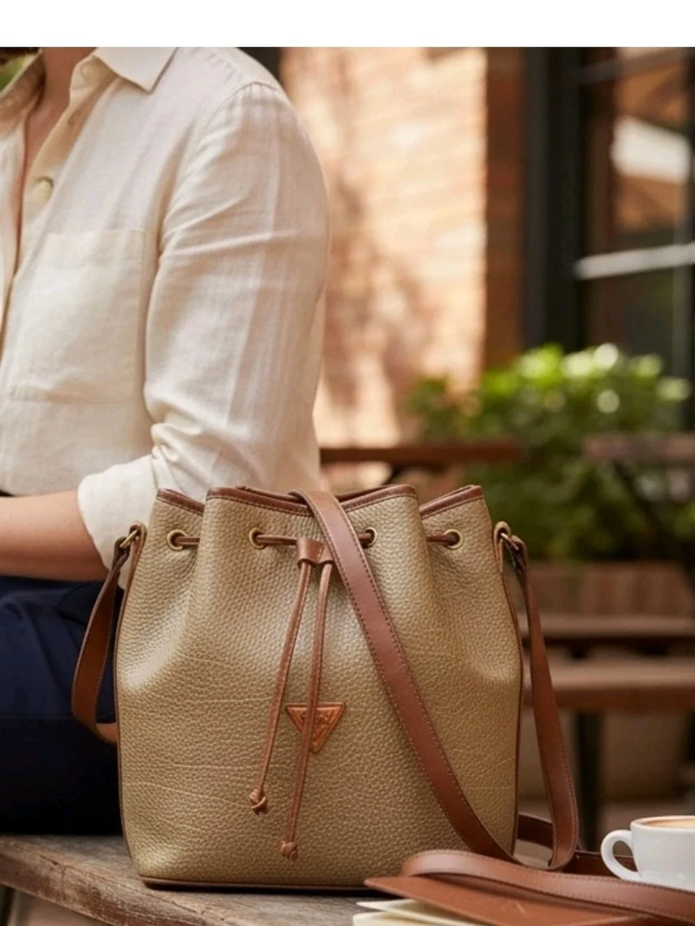 Guess Metallic Gold Drawstring Bucket Bag